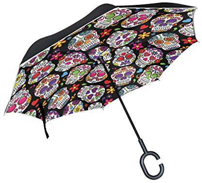 Mnsruu Doppelschichtiger Regenschirm mit Totenkopf-Motiv, UV-Schutz, winddicht, umgekehrt, faltbarer Regenschirm mit C-förmigem Griff