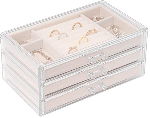Sasha Morel Jewellery Box with 3 Storage Drawers | Earring Storage Organiser for Ring Bracelet Necklace Storage Box | Acrylic Display Case Gift Box | Jewellery Organiser Gifts for Women (Beige)