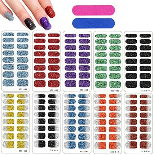 HOINCO 160-Piece Gradient Color Nail Stickers - Full Wrap, Glitter & Solid Art Designs, Self-Adhesive, 2 Manicure Nail Files