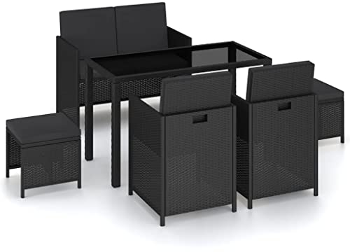 vidaXL Gartenmöbel 6-TLG. mit Auflagen Sitzgruppe Sitzgarnitur Gartenset Gartengarnitur Gartentisch Tisch Stühle Bank Hocker Poly Rattan Schwarz