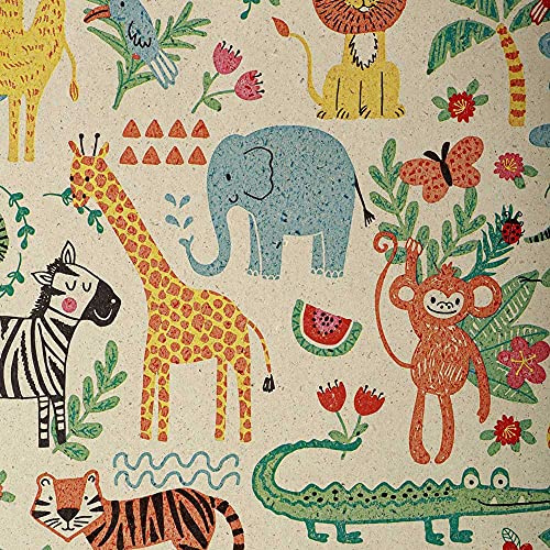Große Rolle Geschenkpapier aus Graspapier Kinder Tiere bunt 50 cm x 200 m | 80 g/m² Secare Rolle | HUTNER
