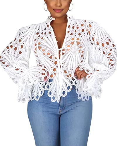 Doweha Women's Sexy Ruffle Long Sleeve Summer Lace Tops 2024 Puff Flare Shirt V Neck Hollow Out Button Down Tunic Blouses, Woman Clothes, A-white, M