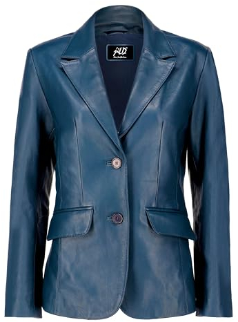 Jild Klassische 2-Knopf Lammfell Leder Blazer Frauen - Casual Mantel Lange Ärmel Anzug Stil Lederjacke Frauen, Blau, L
