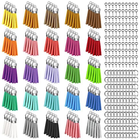 Keychain Tassels Jewelry Key Charms - 300pcs Keychain Tassels Bulk Including 100pcs Key Chain Tassles, 100pcs Jump Rings, 100pcs Screw Eye Pins Hooks, Leather Tassels for Jewelry Making Crafts(colors)