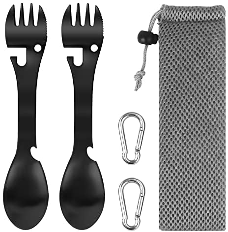 2 Stück Edelstahl Göffel Camping Besteck 5 In 1 Multifunktions Löffel Gabel Messer Flasche&Dosenöffner, Outdoor Spork Besteck Set mit 2 Karabiner für Reisen Wandern Picknick, Schwarz