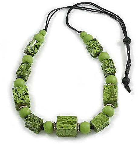 Collana in corda di legno con cubi e sfere in legno con stampa animalier verde lime – 90 cm max, Misura unica, Legno Cordoncini legno