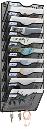 EasyPAG 10 Fächer Metall A4 Zeitschriften Wandhalter Zeitschriftenhalter Wand Aktenablage Dokumentenhalter Magazin Wandhalterung Post Organizer Prospektspender Flyerhalter Hängend mit 5 Haken,Schwarz