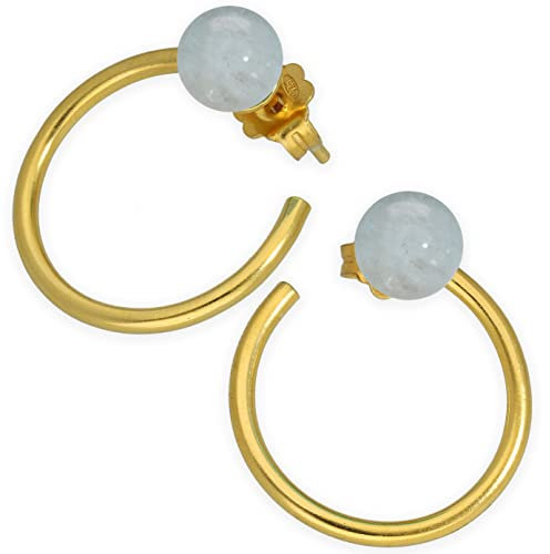 Pendientes Pequeños de Aro con Piedra Natural de Aguamarina, Plata de Ley 925 Bañada en Oro 24K, Luminosos Hipoalergénicos - Hechos a mano por Emmanuela