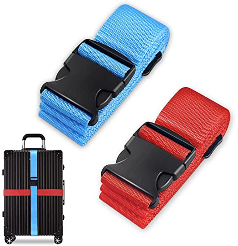 Koffergurt Set, gepäckband, kofferbänder, koffergurte Personalisierte Identifikation Verstellbare Rutschfestes Reisezube (Blau Rot, 2 Stück Set)