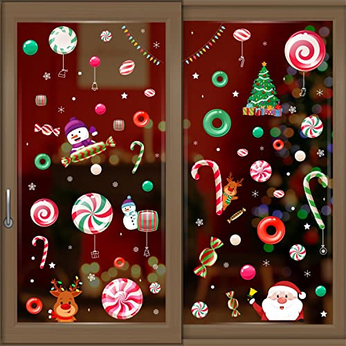 WALPLUS Christmas Window Stickers Clings Xmas Decoration Sale Clearance Reusable Double-Sided Print Decals Glass Living Room Windows Display Santa Friends in Candyland 101 Pieces,C2WSW014,One Size