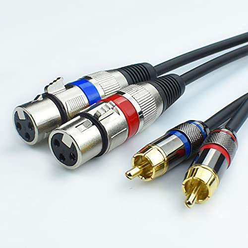 Mugteeve Adaptador de cable XLR dual hembra a doble RCA macho, cable de altavoz XLRF de 3 pines equilibrado de 3 pines a RCA desequilibrado, chapado en oro, blindado OFC, sin ruido, para mezclador,