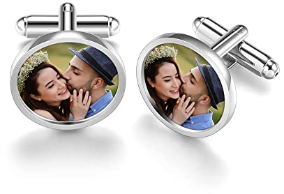 Zysta Manschettenknöpfe Personalisiert Manschettenknöpfe Herren Mit Foto Gravur Silber Cufflinks für Männer Hochzeit Bräutigam Trauzeugen Jubiläum (Rund)