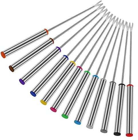 Prasacco 12 Stück Fonduegabeln, Grillgabeln aus Edelstahl 24 cm Fondue-Sticks mit Hitzebeständigem Griff für Obst, Gemüse, Marshmallows, Käse, Schokolade, Fondue, Braten, Fleisch (Silber)