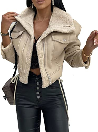 HAHAEMMA Giacca da donna in finta pelle Sherpa, foderata, invernale, calda, con risvolto, a maniche lunghe, con chiusura lampo