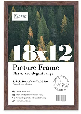 Almost Frameless 18x12 Walnut Picture Frame 18x12(45.7x30.5cm) Poster, Photo, Artwork, or Print. Thin Edge Slim Frame Portrait and Landscape Display with Wall Hooks