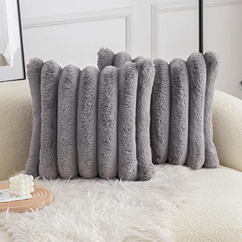Neelvin Grey Faux Fur Cozy Soft Striped Decorative Throw Pillow Covers 16x16 inch（40x40cm） Set of 2,Velvet Pillowcase Cushion Case for Sofa Couch