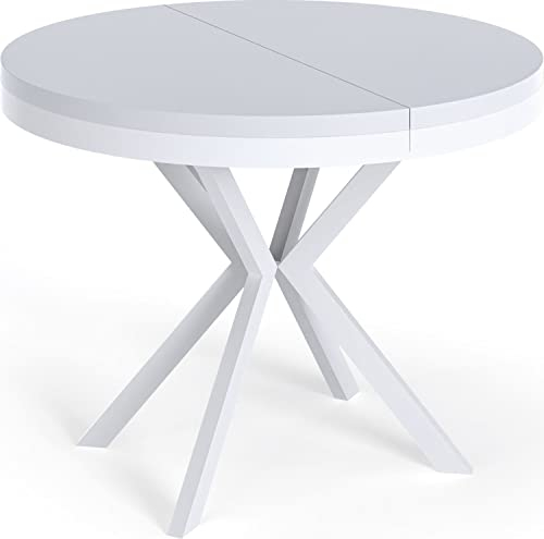 WFL GROUP Runder Ausziehbarer Esstisch - Loft Style Tisch mit Weißen Metallbeinen - 100 bis 180 cm - Industrieller Tisch für Wohnzimmer - Kompakt - 100 cm - Weiß