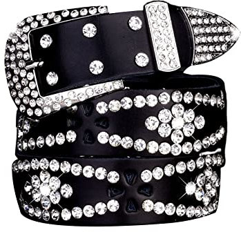JIARY Diamant Persönlichkeit Breiter GürtelStrass Nietengürtel für Frauen, Western Ledergürtel für Cowgirl Cowboy Vintage Gürtel für Hosen Kleid,Schwarz,105CM/41.3''