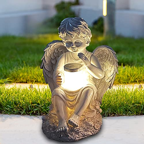 Gartendeko Angel Elf Figur mit LED Solar, Solarleuchte für Außen, Wasserdicht Gartenfiguren Elf Skulptur Fee Garten Statue, Deko Lampe für Outdoor Indoor (Junge Engel)