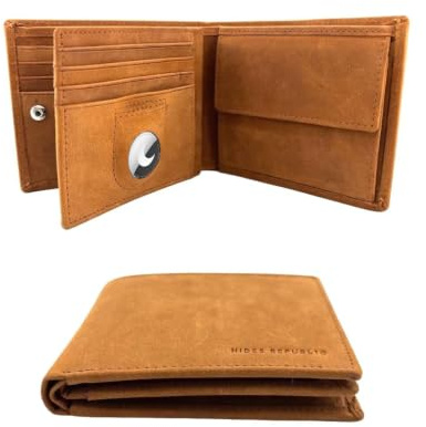 HIDES REPUBL1C® 'Sydney' AirTag Wallet mit Münzfach und RFID-Schutz | Geldbörse Herren | AirTag Geldbeutel | Herren Portemonnaie Leder | Geldbörse Leder | Vintage Braun