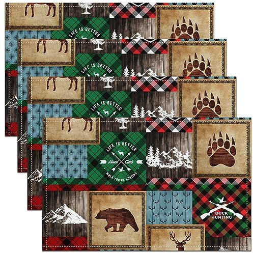 Buffalo Gitter Tischsets 45Wx30L Satz von 4 Jagdbär Hirsch Platzmatten für Esstisch Küche Rustikale Bauernhaus Stil Tischmatten Weihnachten Elch Wilde Tier Öl Beweis Waschbare Tischsets Braun Rot Blau