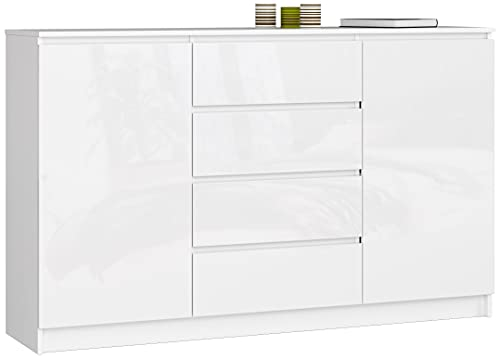 AKORD Kommode K 160 cm | 4 Schubladen und 2 Türen | für Wohnzimmer Schlafzimmer Schrank Wohnzimmer | Modernes Funktionelles Design | 16mm Schichtstoffplatte | Farbe Weiß Hochglanz
