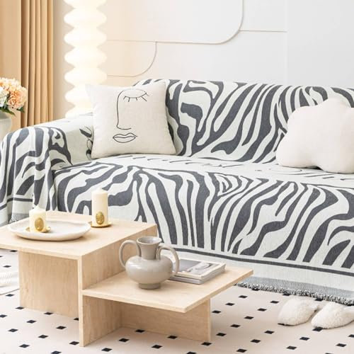 Couch Überzug 180x380cm, Zebrastreifen mit Fransen Couch Überzug 4 Sitzer Sofabezug Abwaschbar Grau Sofa Überzug für Ledersofa