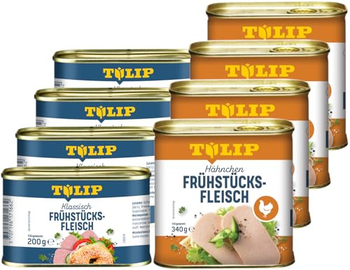 TULIP 4x Schweine-Frühstücksfleisch 200g + 4x Hähnchen-Frühstücksfleisch 340g | leckeres Schweine und Hähnchenfleisch | 86% Schweineflesich und 80% Hühnerfleisch