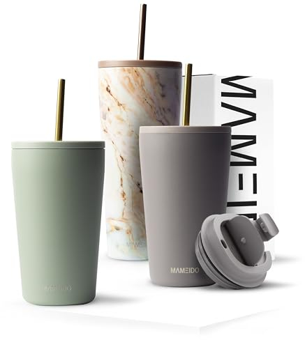 MAMEIDO Thermobecher mit Strohhalm 470ml, Trinkbecher mit Deckel und Strohhalm aus Edelstahl doppelwandig isoliert, auslaufsicher, Coffee to go Becher (Desert Sage, 0,47l)