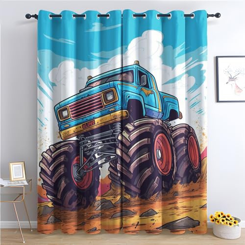 Monster Truck Vorhänge, Verdunklungsvorhänge mit Muster Kinder Jungen Cartoon, Vorhang Blickdicht mit Ösen, Gardinen für Wohnzimmer Schlafzimmer Kinderzimmer Deko 2er Set - 220x140 (H X B) (Wn-&14)