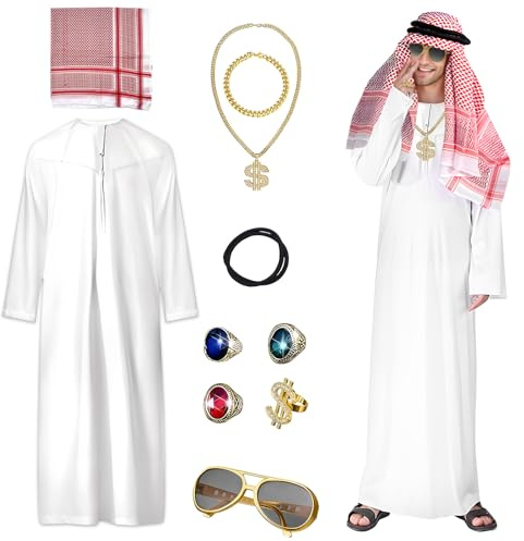 Suffolly Arab Costume Men,Arab Sheikh Costume,Arab Outfit Includes Robe,Hijab,Ring,Necklace and Eyeglasses Funny Costumes for Men Fancy Dress Arab Halloween Costume