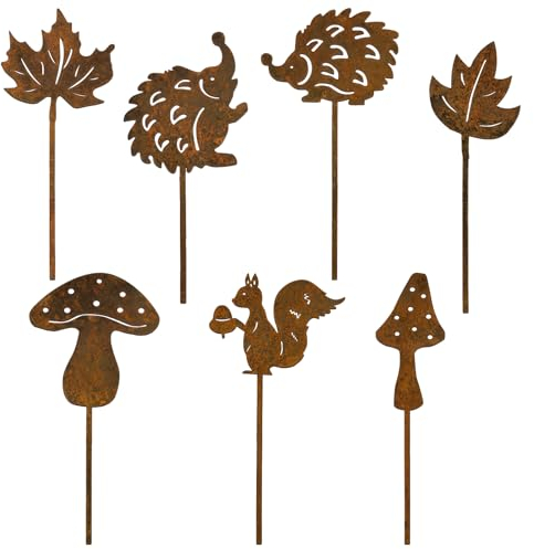 BOFUNX 7 Stück Rost Gartenstecker Herbst Gartendeko Roststecker Metall Rost Eichhörnchen Igel Pilz Herbstblätter Herbstdeko Tier Rostfigur Rost Deko für Herbst Garten Terrasse Balkon Blumentopf