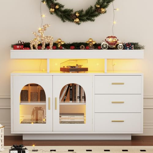 KOMHTOM Buffet de Salle à Manger Meuble de Rangement Blanc Meuble LED Meubles de Chambre à Coucher, Meubles de Salon Modernes avec Trois tiroirs Meubles de Salle à Manger (Blanc)