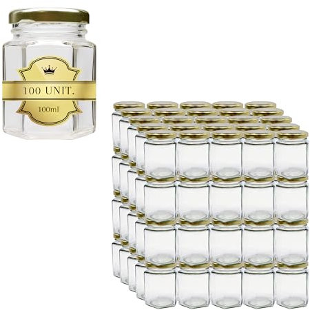 100x Petit Pot de Miel Hexagonal avec Couvercle 100ml - Mini Bocaux, Idéal pour la Conservation de Miel, Confiture, Épices, Yaourt- Cadeau Invités Mariage, Faveurs de Mariage et Baby Shower