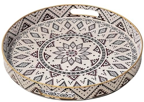 Simmer Stone Round Decorative Tray, Marbling Plastic With Handles, Modern Vanity Serving For Ottoman, Coffee Table, Kitchen And Bathroom, Size 13 INCH