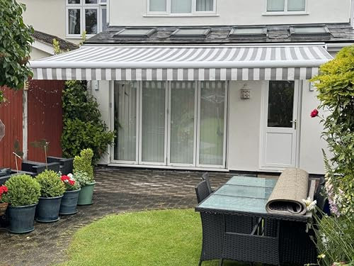 Full Cassette Retractable Electic Awning– Motorised Remote Control, LED Lighting, Weatherproof UV Protection Fabric | Outdoor Patio, Garden, Shop, or Balcony Shade Canopy (White Frame, 5m x 3m)