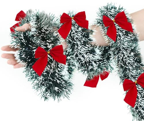 Ghirlande Natalizie, 2 Metro Ghirlanda Decorativa Natalizia, Viene Fornito con 6 Fiocchi di Natale, Gghirlanda Natalizia per Scale, Ghirlande di Natale, Adatto per Caminetti, Alberi di Natale (A)