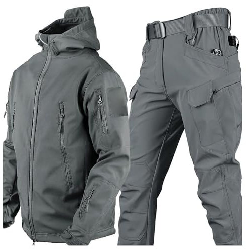 aromm Giacca Tattica Softshell con Cappuccio e Pantaloni da Uomo per Pesca All'aperto Escursionismo Camping Grigio, L