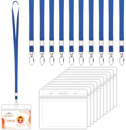 Segus Schlüsselband 10 Stück, Kartenhalter Ausweis, Kartenhülle mit Band, Wasserdicht Ausweishalter mit Schlüsselband Blau, für Büro, Schule, Veranstaltungen (Horizontale)