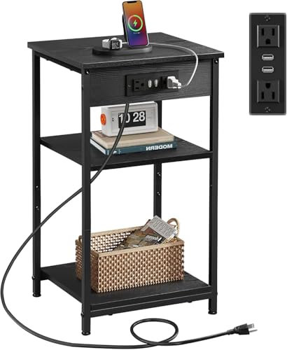 WLIVE Bouts de Canapé, Table d’Appoint avec Multiprise, 2 Prises CA et 2 Ports USB, Table d'Appoint Canapé à 3 Niveaux pour Salon, Chambre, Noir.