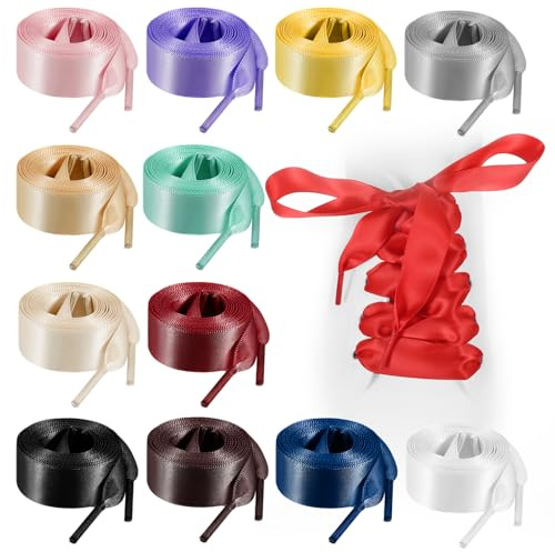 Prasacco 12 pares de cordones de satén, planos de seda de satén, 2 cm de ancho, coloridos cordones de seda para zapatillas de deporte, zapatos de patinaje, botas, zapatillas deportivas, zapatos de