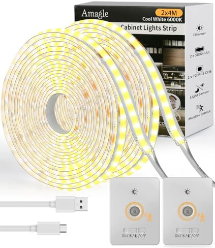 Luces Led Sensor de Movimiento, 2 Piezas 4 Metros Tira Luces COB Leds para Cuarto Cocina Habitacion Pilas 5000 mAh, Luz Tiras led Luces para Uso Debajo Del Armario con Sensor de Movimiento 300lm