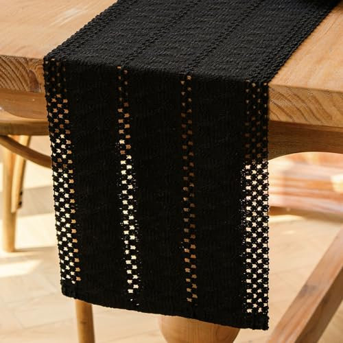 Jayusaror Tischläufer Schwarz Boho Makramee Modern Frühling Bauernhaus Klein Tischdecke Schmal Landhausstil Rustikaler Tisch Läufer Baumwolle Leinen Table Runner für Hochzeit Party Deko 30x180 cm