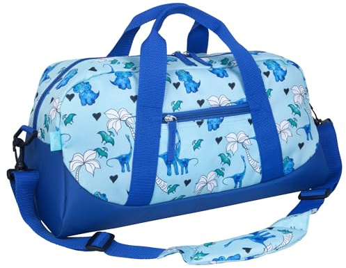 Wildkin Kids Overnighter Duffel Bag for Girls – Carry-On Size, Ideal for School & Sleepovers, Blue Dino, 18 x 9 x 9 inches, School