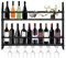 Wall Mounted Wine Rack, 2-Tier Industrial Metal Bottle Cabinet with 2 Shelves and a Cup Holder for 20 Bottles & 7 Goblets, Multi Functional Wine Storage Display Rack for Bar Home Kitchen