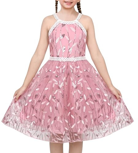 Sunny Fashion Mädchen Kleid Rosa Blatt Schier Masche Spitze Stickerei Halfter Formal Elegant Gr. 122,Rosa Blatt,122