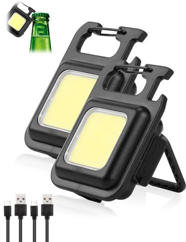 LED Keychain Flashlight, 2PCS 1000 Lumens Super Bright COB Mini Torch IPX5 Waterproof, Portable Pocket Light Rechargeable with Folding Bracket Magnet for Camping Cycling Dog Walking Running, 4 Modes