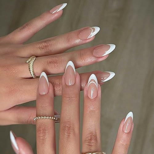 French Tip False Nails, 24Pcs Medium Almond Press on Nails, Full Cover Fake Nail Tips with Glue, Removable Stick On Nails Acrylic White Tips for Women Girls Nail Art Manicure Decoration