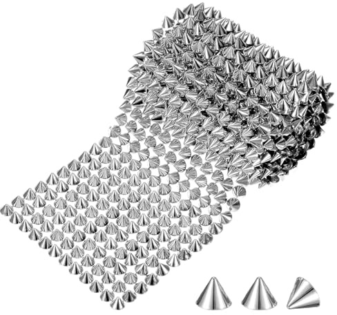 M METERXITY 1 Yard Sew Stitch on Spikes Stud Cone 12Rows Plastic Silver Spike Rivet with Flat Back Punk Rock Trim Mesh Bead for DIY Crafts/Clothes/Shoes/Bags