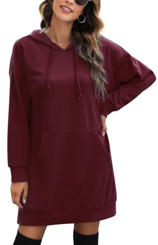 Litherday Damen Hoodie Lang Sweatshirts mit Kapuze Langarm Kapuzenpullover Kleid Sweatkleid Casual Minikleid mit Taschen